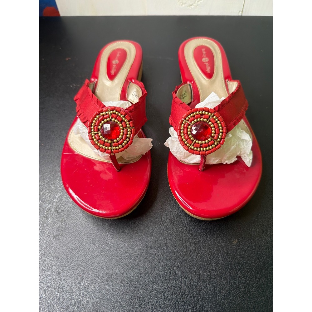 Lindsay Phillips Womens Red Patent Wedge SwitchFlops Beaded AFDL2 Size 9